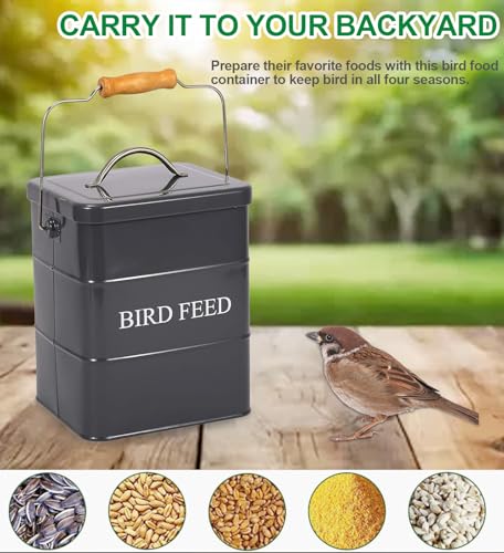 Bird Seed Storage Container Airtight,5~6LB Metal Bird Food Container with Scoop,Wild Birds Feed Tin for Storing Sunflower Seed-Ideal for Outdoor or Indoor-Squirrel proof-Gray